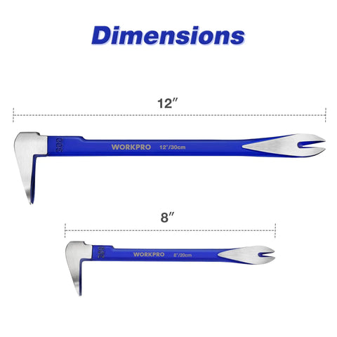 Two Piece Nail Puller Set With 12 Inch Pry Bar And 8 Inch Mini Crowbar for home renovation, dimensions shown in inches