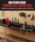 Heavy Duty Wall Mounted Tool Organizer With 61 Hole Screwdriver Holder 4 Hooks And 2 Compartments Utility Shelf on pegboard.
