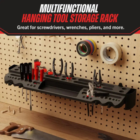 Heavy Duty Wall Mounted Tool Organizer With 61 Hole Screwdriver Holder 4 Hooks And 2 Compartments Utility Shelf on pegboard.