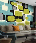 Living room with Abstract Mid Century Modern Pattern Canvas Print Wallpaper Self Adhesive Peel And Stick Wall Mural Six Panel Design
