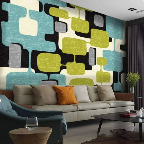 Living room with Abstract Mid Century Modern Pattern Canvas Print Wallpaper Self Adhesive Peel And Stick Wall Mural Six Panel Design