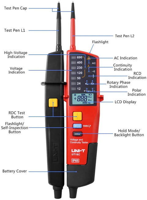 Voltage And Continuity Tester With AC And DC Detection For 12V To 690V Waterproof Design LCD Display And Audible Buzzer UT18C For Real World Electricians And DIY Pros