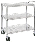 Heavy Duty 3 Tier Rolling Utility Cart On Wheels With Wire Shelves And Handle Bar 45L By 17.5D By 45H Commercial Grade Metal Serving Cart For Kitchen Office School Hospital Church Or Home Use