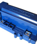 Beefy DC Motor Controller Packing 500 Amps Steady, Fast USB Tuning With Smart Auto Throttle Calibration Running Totally Slick On 12 To 72 Volt Systems For Pro Builds, blue casing, side view, hardware connectors.