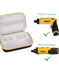Hard Travel Storage Case For DEWALT 8V Max Cordless Screwdriver Kit DCF682N1 DCF680N2 With grey interior next to compatible screwdrivers