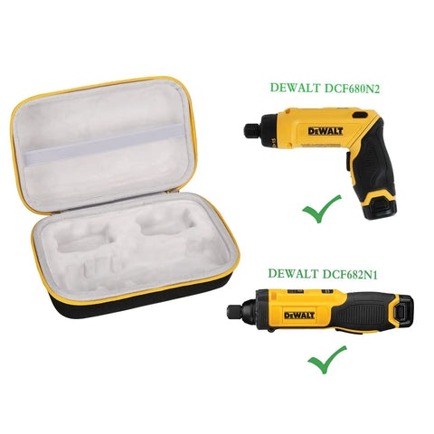 Hard Travel Storage Case For DEWALT 8V Max Cordless Screwdriver Kit DCF682N1 DCF680N2 With grey interior next to compatible screwdrivers