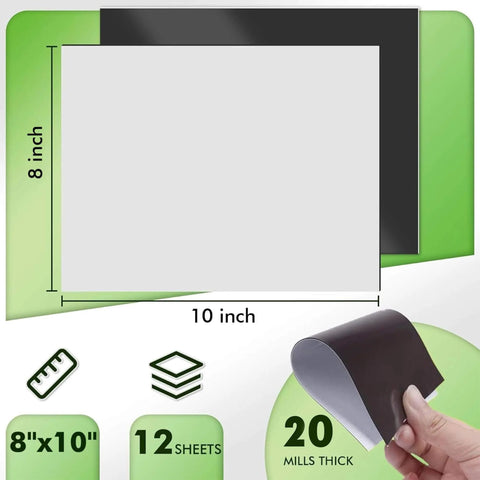 8x10 Inch Magnetic Sheets 12 Pack With Adhesive showing size and thickness with 20 mil flexible material for crafts and DIY projects.