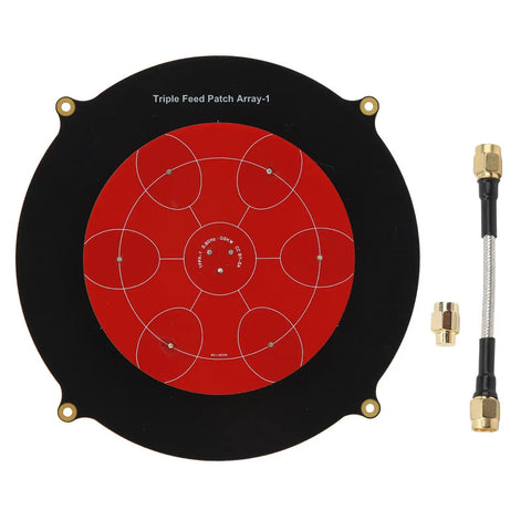 Long Range 5.8GHz Triple Feed Patch Antenna With High Gain For RC Drones FPV, showing circular design and accessories.