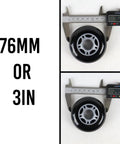 Inline Skate Wheels 76mm 82A Black Outdoor Roller Hockey 8 Pack With ABEC 9 Bearings And Five Spoke Hub, diameter shown with calipers