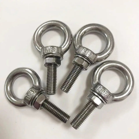 Heavy Duty Stainless Steel Shoulder Eye Bolts 4 Pack M8 Eyebolt Set With Nuts And Washers 5 16 Inch By 1.18 Inch Lifting Rings Built For Secure Load Handling And Rugged Quick Hookups 30mm Thread Length, four M8 stainless eye bolts