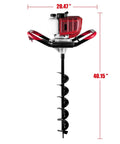 Beefy Gas Powered Post Hole Digger With 52cc Engine And 1800W Power shown from the front with red handles and black auger bit