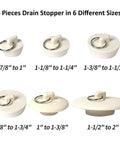 Heavy Duty Rubber Drain Stopper With Sturdy Pull Ring, Six Piece Set Of White Sink Plugs That Slickly Fit Most Bathtub And Kitchen Drains Daily, showing six sizes.