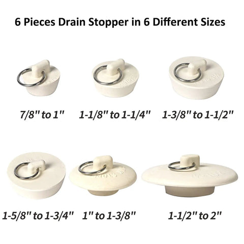 Heavy Duty Rubber Drain Stopper With Sturdy Pull Ring, Six Piece Set Of White Sink Plugs That Slickly Fit Most Bathtub And Kitchen Drains Daily, showing six sizes.