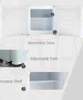 Hella Quiet 1.1 Cu Ft Countertop Upright Mini Freezer In Snazzy Steel White showing reversible door and adjustable foot.
