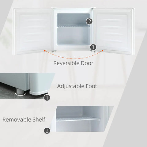 Hella Quiet 1.1 Cu Ft Countertop Upright Mini Freezer In Snazzy Steel White showing reversible door and adjustable foot.