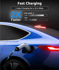Rapid Home Electric Charging Station For Swift Garage Top Offs Boasting A Solid Thirty Two Amp Output Packed In A Sleek Twenty Foot Cable With Nema Fourteen Fifty Plug And Handy Five Fifteen Adapter For Zero Sweat Roadside Or Driveway Running, showing fast charging on blue EV.
