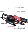 Portable Electric Tile Chamfering Machine For 45 Degree Bevel Trimming On Ceramic Metal And Stone With A Heavy Steel Frame, featuring angle grinder and water filling valve.