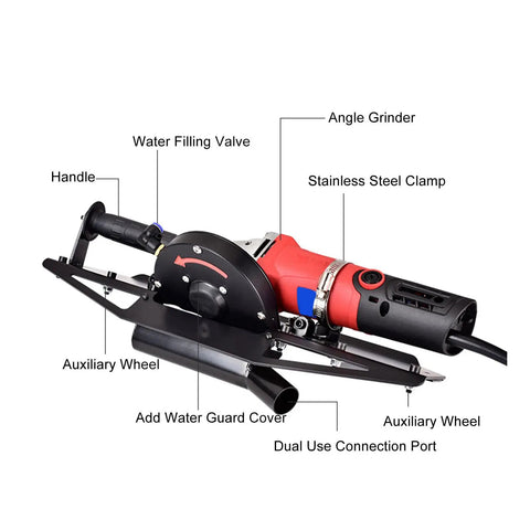 Portable Electric Tile Chamfering Machine For 45 Degree Bevel Trimming On Ceramic Metal And Stone With A Heavy Steel Frame, featuring angle grinder and water filling valve.