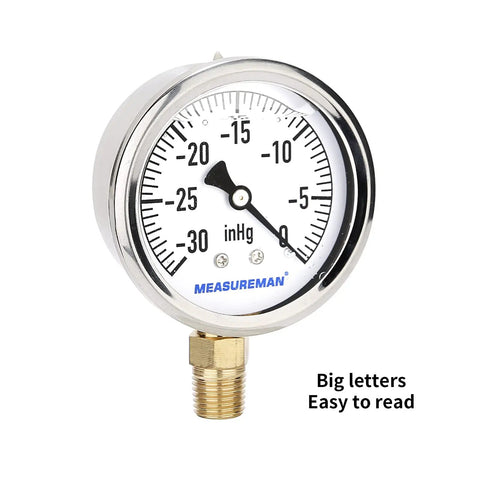 Glycerin Filled Two Point Five Inch Dial Pressure Gauge With Stainless Steel Case And Brass Wetted Parts Lower Mount Quarter Inch NPT