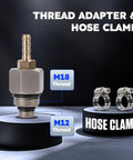 Front view of exhaust back pressure tester kit with brass M18/M12 thread adapter, hose clamps, and carrying case.