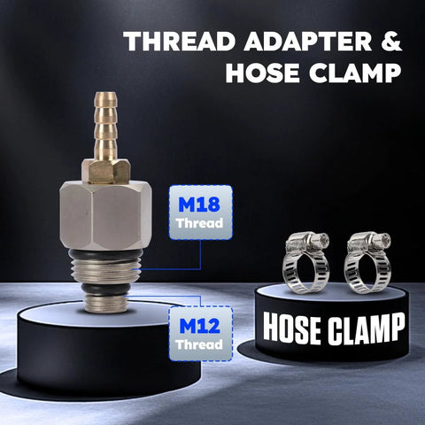 Front view of exhaust back pressure tester kit with brass M18/M12 thread adapter, hose clamps, and carrying case.