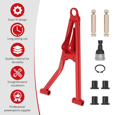 Front Left Upper A Arm And Ball Joint Bushing Kit For Polaris Scrambler Sportsman 550 850 1000 ATV UTV 2010 To 2023 OEM Replacement Parts With Easy Install And Built To Last For Rough Trails, red steel arm with bushings and hardware
