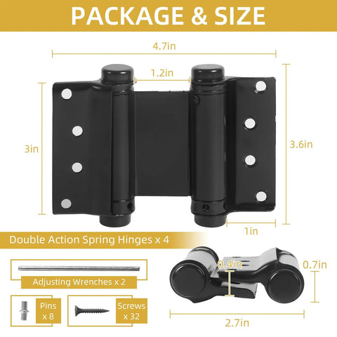 3 Inch Double Action Spring Hinges 4 Pack Matte Black Stainless Steel dimensions with mounting hardware and accessories shown.