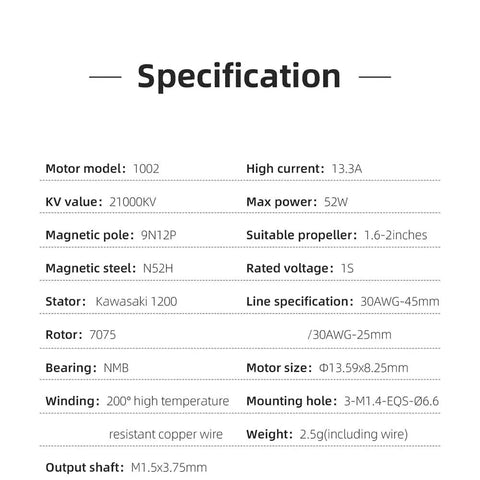 Specification chart for Specter 1002 21000KV 1S Brushless Motor For Toothpick FPV Racing Drones 65mm Tiny Builds, detailing components.