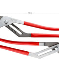16 Inch Groove Joint Pliers With 4 1/4 Inch Jaw For Heavy Duty Grip And Precision Adjustment, sharp teeth, red grips, top view