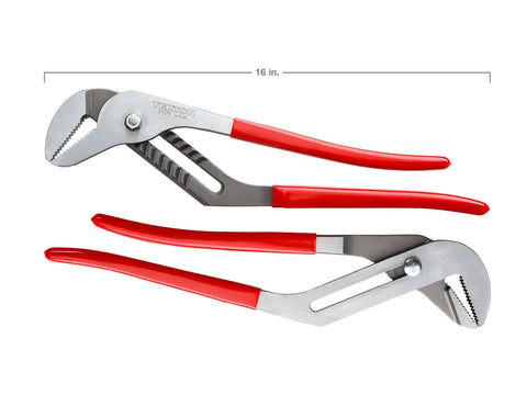 16 Inch Groove Joint Pliers With 4 1/4 Inch Jaw For Heavy Duty Grip And Precision Adjustment, sharp teeth, red grips, top view