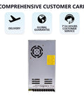 Built Tough And No Nonsense 350W Ac Dc Switching Power Supply 12V 29A rear view with labels for delivery and service.