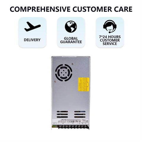 Built Tough And No Nonsense 350W Ac Dc Switching Power Supply 12V 29A rear view with labels for delivery and service.