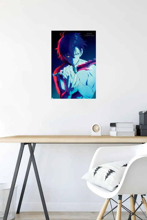Solo Leveling Sung Teaser Wall Poster Featuring Straight Fire Glossy Anime Art And Easy Peel Mounting Tabs For Zero Hole Wall Display, 22 By 15 Inch Premium Vibe Check Bundle on a white wall above a wooden desk.