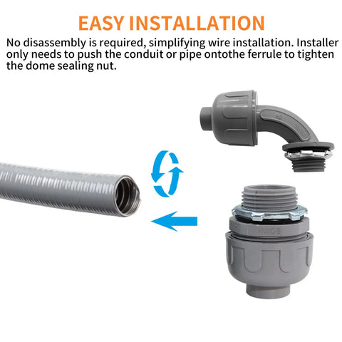 Installation guide for Three Quarter Inch Liquid Tight PVC Conduit Fittings Kit With 200 Piece Straight And 180 Degree Flexible Conduit Connector Set