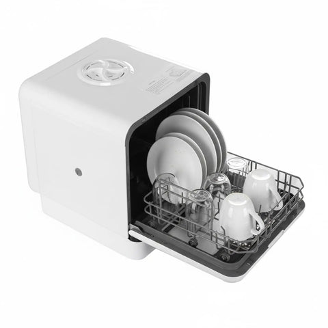 No Sweat Portable Countertop Dishwasher With Built In 6L Tank, showcasing clean dishes and mugs in compact design.