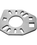 Stainless steel pinion yoke wrench plate with a large central hole, radial oval slots, and square cutouts.