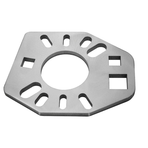 Stainless steel pinion yoke wrench plate with a large central hole, radial oval slots, and square cutouts.