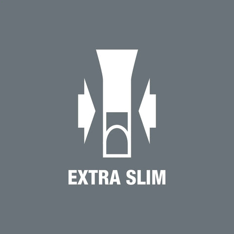 Illustration of extra slim design for tools, emphasizing compact and ergonomic shape on gray background