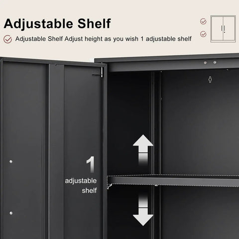 Lockable Steel Wall Mounted Cabinet, 28 Inch High, showing adjustable shelf inside two door metal storage locker.