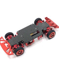 1/28 scale car chassis with High Grip RC Racing Tire Skins For 1/28 Scale Cars Upgraded Wheel Skin Tires visible, red and black detail.