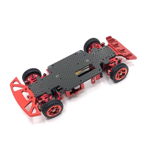 1/28 scale car chassis with High Grip RC Racing Tire Skins For 1/28 Scale Cars Upgraded Wheel Skin Tires visible, red and black detail.