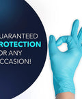 Built Tough Powder Free Nitrile Exam Gloves With Killer Textured Grip And Real Deal Burst Proof Strength For Medical Or Food Tasks, Latex Free Snug Fit, Blue Medium, 100 Count displayed in a hand gesture.