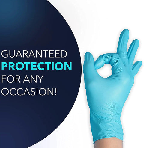 Built Tough Powder Free Nitrile Exam Gloves With Killer Textured Grip And Real Deal Burst Proof Strength For Medical Or Food Tasks, Latex Free Snug Fit, Blue Medium, 100 Count displayed in a hand gesture.