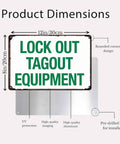 Industrial Aluminum Safety Sign For Lockout Tagout 8x12 Inches showing dimensions and features for outdoor indoor use.