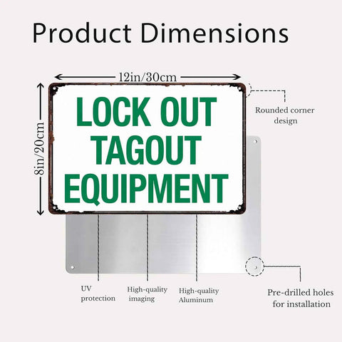 Industrial Aluminum Safety Sign For Lockout Tagout 8x12 Inches showing dimensions and features for outdoor indoor use.