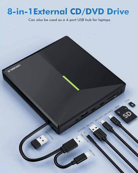 External CD DVD Drive For Laptop With USB 3.0 High Speed, 4 USB Ports And 2 SD TF Card Slots, Plug And Play, Backward Compatible With USB 2.0, Reads 8x DVD And 24x CD, Ultra Portable Multi Port Optical Drive black 8-in-1 hub with USB and card slots