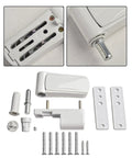 Top Notch Aluminum Adjustable Door Flag Hinge With Slick Three Way Fine Tuning And Whisper Quiet Operation For Double Glazed Windows And Patio Doors In Crisp White, showing all components including screw and alignment features.