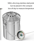 20 Inch Stainless Steel Soil Thermometer with Waterproof Stem for Compost Garden and Lawn Care shown with metal compost bin and probe