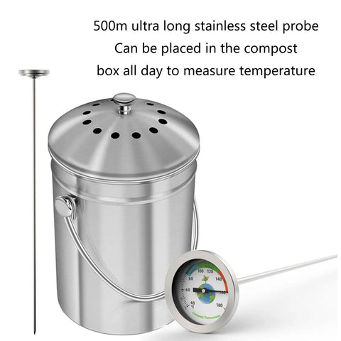 20 Inch Stainless Steel Soil Thermometer with Waterproof Stem for Compost Garden and Lawn Care shown with metal compost bin and probe