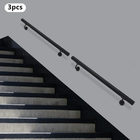 Rock Solid Heavy Duty Wall Mounted Stair Handrail Featuring Matte Black Stainless Steel Cylinder Rods, 3pcs, designed for stair safety.